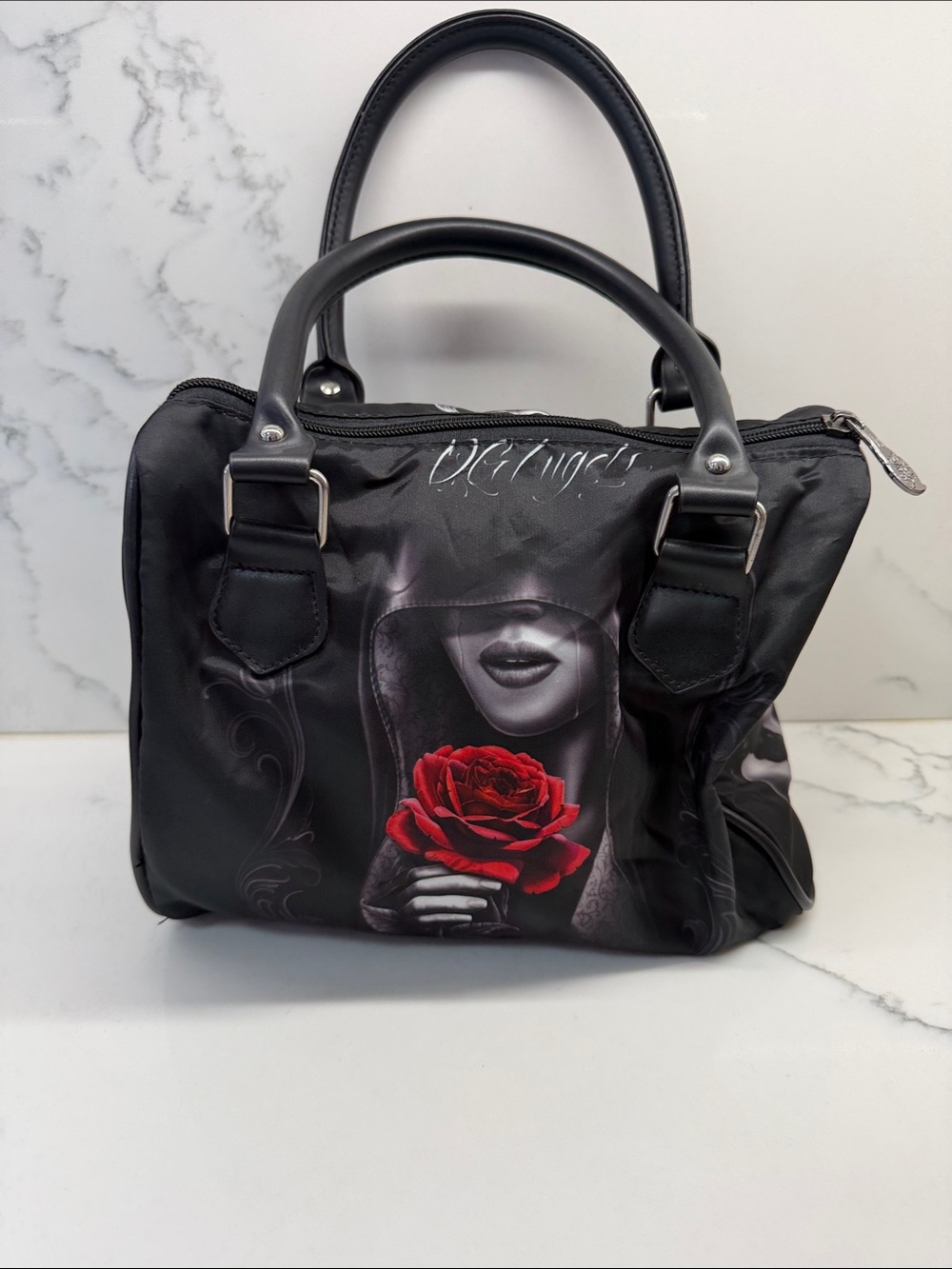 Black Satchel with Red Rose Graphic